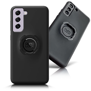Two black Quad Lock phone cases for various Samsung models.